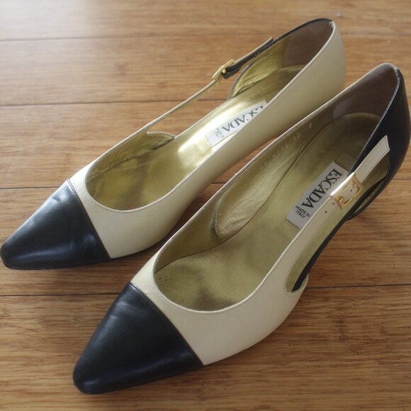 Vintage 1990s Escada Pointy Toe Heels Black/Ivory Leather Size 10